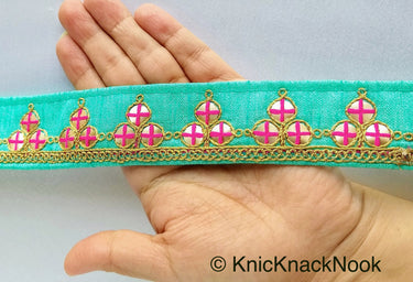 Mirrored Yellow/ Mint Green/ Cyan Blue/ Melon Orange Fabric Trim With Gold Embroidery, Indian Sari border - 210119L291/92/93/94